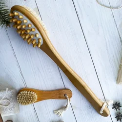 2 In 1 Dry Massage Wet Exfoliating Handle Bamboo Bathbrush Men Back Scrub Body Brushes Double-sided Bath Brush Loofah Towel Set