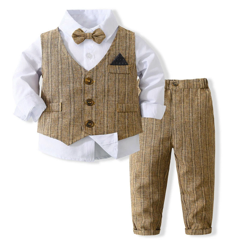 Short Pants Dress Shirt Boy Clothes Set Vest Bow Tie 4 Pieces Suit Set Gentleman Infant Formal Wedding Outfit Set 