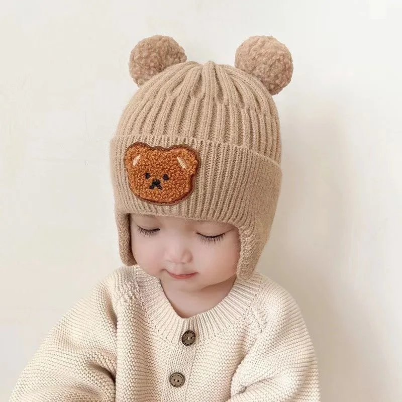 Winter Baby Beanie Cap Cartoon Bear Ear Protection Knitted Hat for Toddler Boys Girls Cute Korean Warm Kids Crochet Hats Gorros