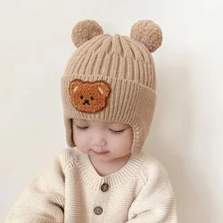 Winter Baby Beanie Cap Cartoon Bear Ear Protection Knitted Hat for Toddler Boys Girls Cute Korean Warm Kids Crochet Hats Gorros