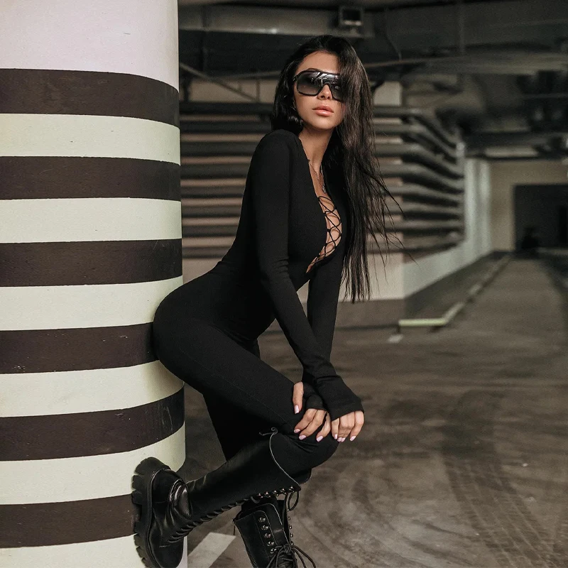 Women Elegant Solid Playsuit Long Sleeve Overalls Y2K Sport Winter Sexy Autumn Long Sleeve Bodycon 2023 V Neck Fashion Jumpsuits