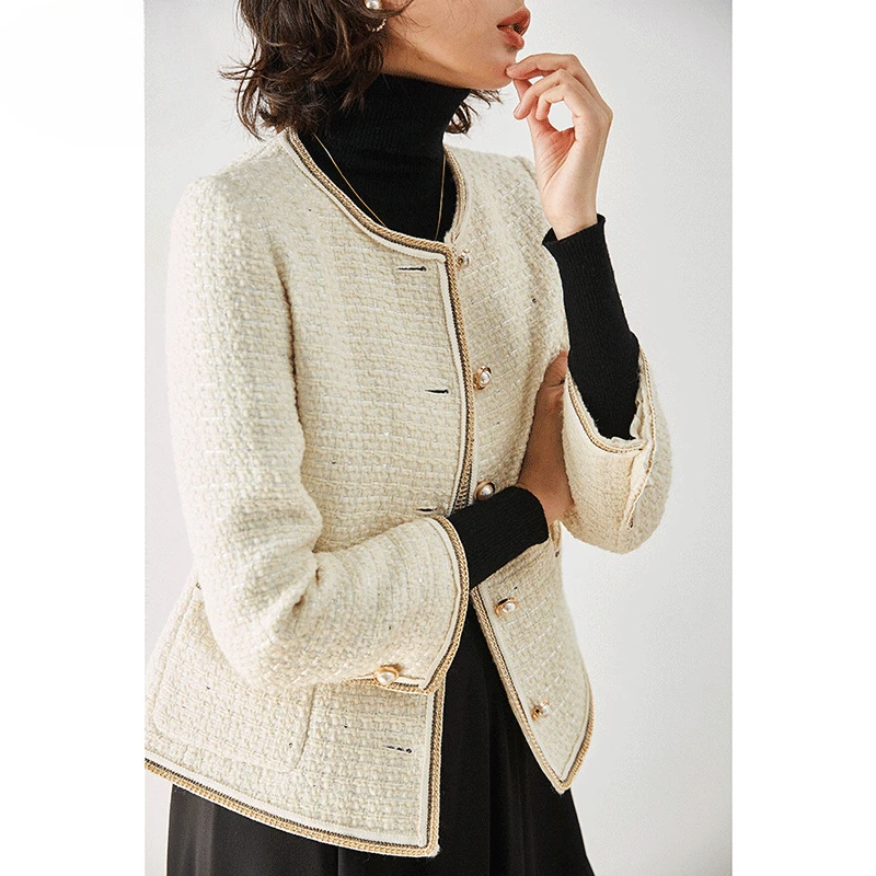 Coat Short Women's Fashionable Pure White High-End Spring and Autumn New Outer Wear Wool Warm Single-Breasted Stitching Blend1Pc