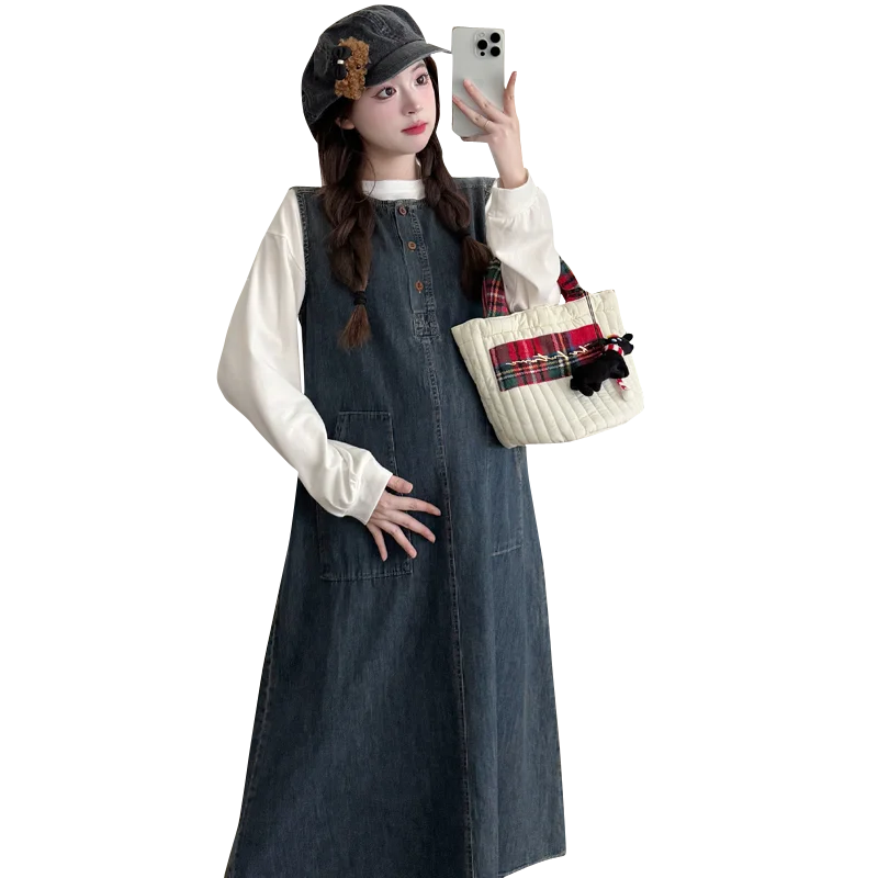 Plus Size Denim Dress Set Casual Maternity Suits Long Sleeve White Shirts+Sundress Twinset Fashion Pregnant Woman Vintage Suits