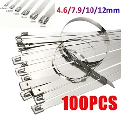 100PCS Metal Cable Ties 304 Stainless Steel 4.6/7.9/10/12mm Exhaust Wrap Coated Self-Locking Metal Zip-Exhaust Locking Cable Tie