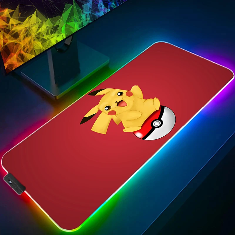 Gaming RGB Mouse Pad Kawaii Pokemon Pikachu Desk Mat With Backlight Mouse pad Anime Gamer LED HD Picture Pc Accessories Mousepad purple pokemon anime rgb mousepad xxl keyboard accessories antiskid game mouse pad pc laptop led backlight rubber soft table mat