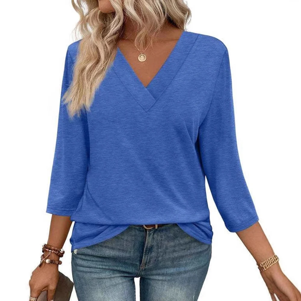 Women Long Sleeve V Neck Solid Color Loose Fit T Shirt