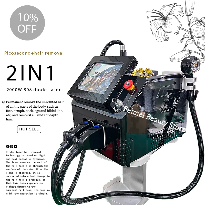 

3000W 808 Diode Laser Permanent Portable 2 In 1 755Nm Q-Switched Nd Yag Picosecond Laser Tattoo Removal And Hair Removal Machine