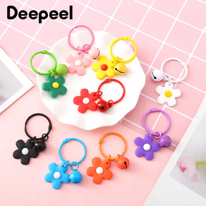 

10pcs Deepeel 2.2*5.5cm Colourful Flower Metal Ring Clasp Bell KeyRing Bag Ornament Candy Female Bags Pendant Hardware Accessory