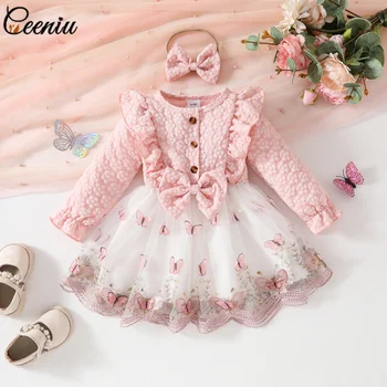 Ceeniu Vestiti Del Bambino Per Il Compleanno Manica Lunga Increspature Arco Farfalla Vestito Da Partito Per Le Ragazze 2024 Bambino Appena Nato Vestiti Della Ragazza 2024