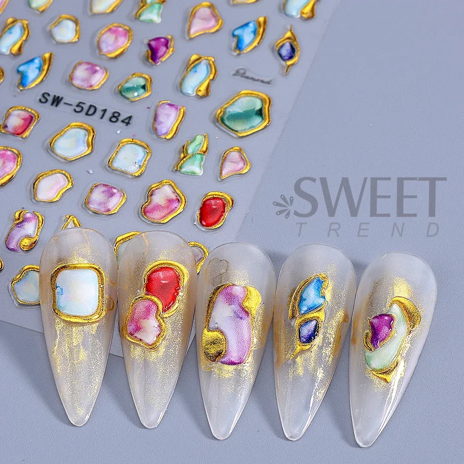 5D Gemstone Charm Nail Sticker Gold Irregular Frame Rhinestones Adhesive Slider Nail Supplies Decals Bohemian Manicure  Decor