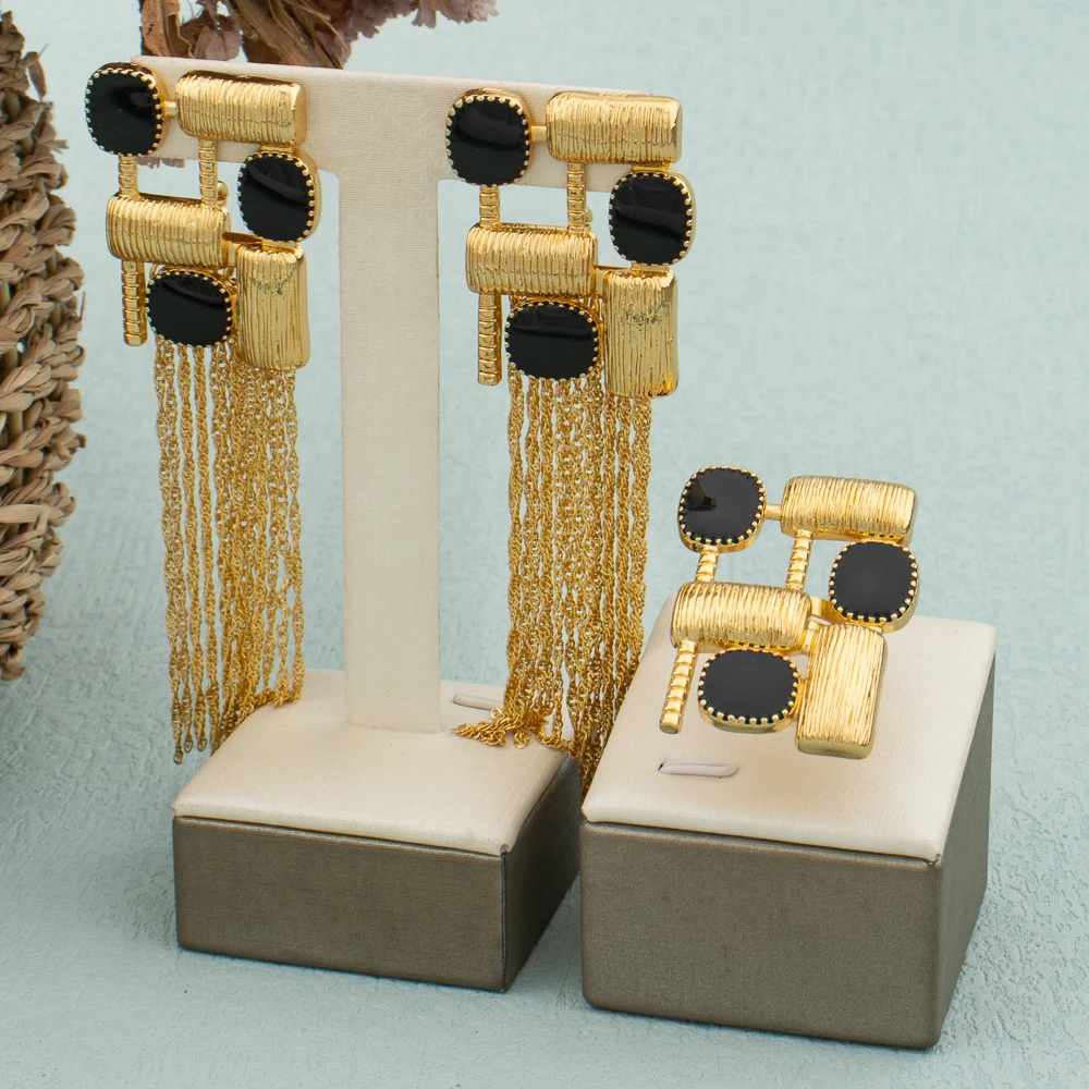 Italian 18k Gold Plated Earrings and Ring Set Red Zircon Luxury Dubai Rectangle Jewelry Set for Women Weekend Party Wedding Gift