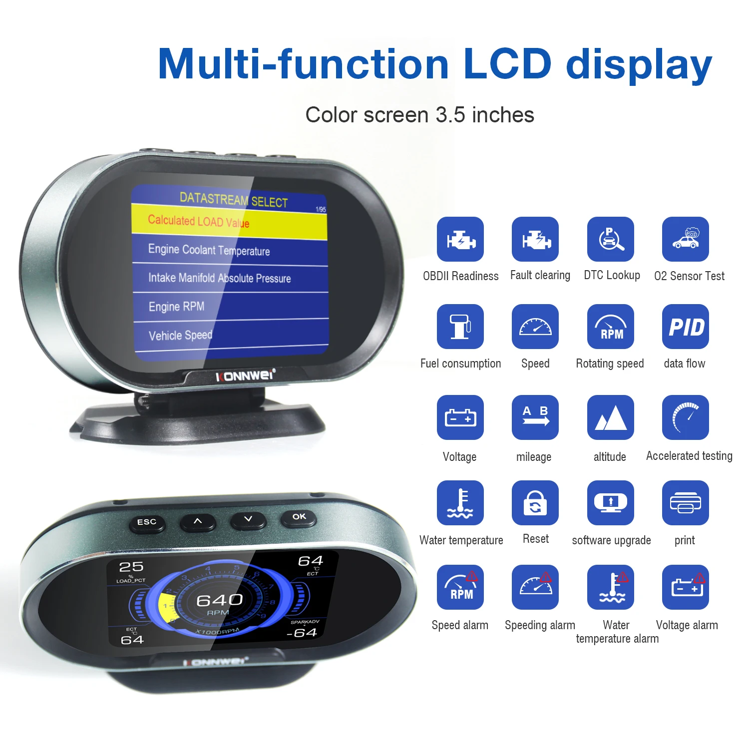KONNWEI Car OBD2 HUD KW206, Digital Instrument Computer with Intelligent Speedometer Water Temperature and Fuel Pressure Tester 2026 - Image 2