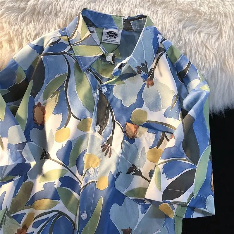 Full Print Summer Button Up Shirt Women Men Short Sleeve Shirts Hong Kong Style Loose Ins Summer 2023 Hawaiian Beach Shirt