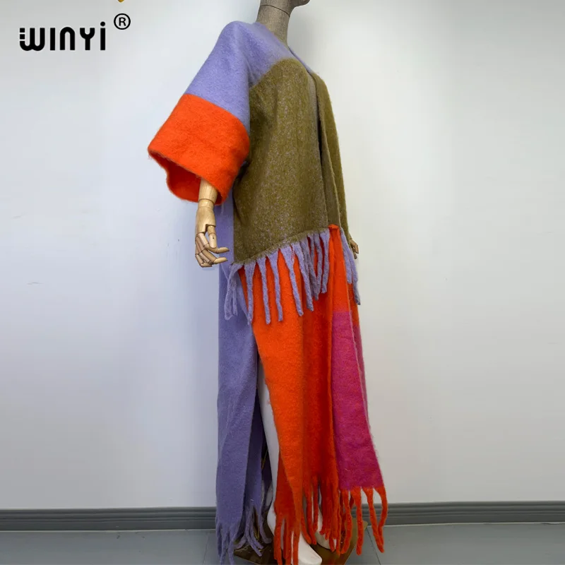WINYI-강한 비주얼 대비 컬러 술 럭셔리 롱 모피 코트 여성용, 루즈핏 오버코트, 두꺼운, 따뜻한, 겨울