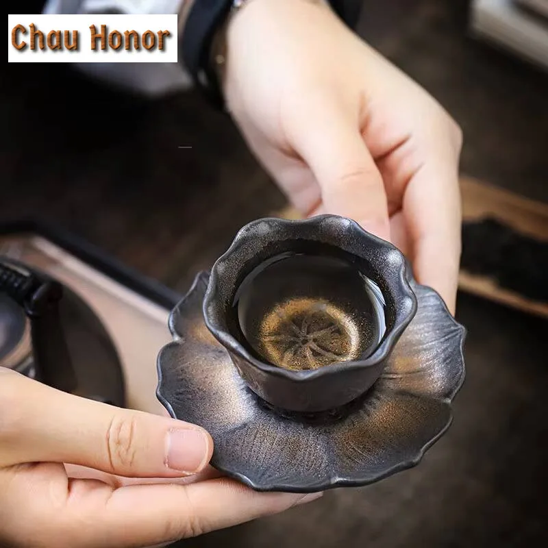 2pcs /Set Japanese Style Gilded Rust Glaze Ceramic Tea Cup Creative Lotus Small Tea Cup Master Cup Kung Fu Teaset Small Tea Bowl