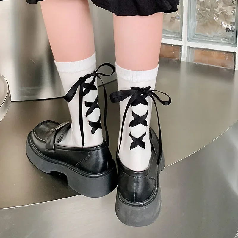 

Black White Bandage Bowknot Kawaii Socks Women Socks JK Japanese Style Lolita Sweet Girls Cute Cotton Long Socks Sox Solid Color