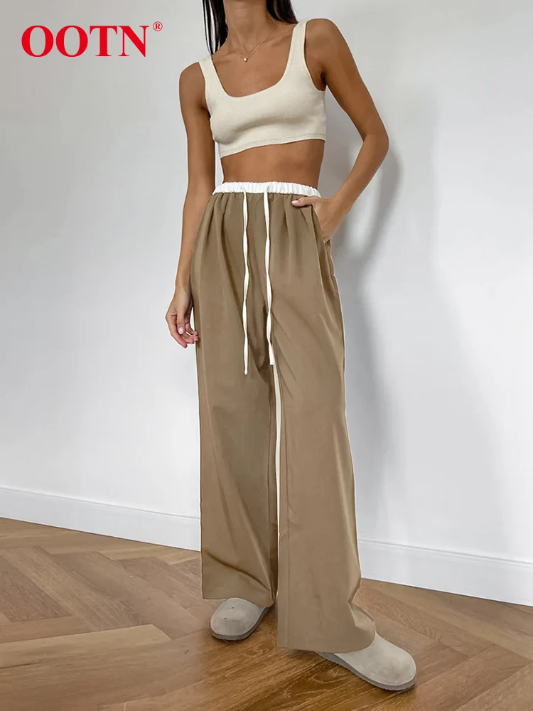 

OOTN Gray Drawstring Pleated Patchwork Pants High Waist Floor-Length Baggy Trousers Sporty Casual Ladies Khaki Pant Summer 2024