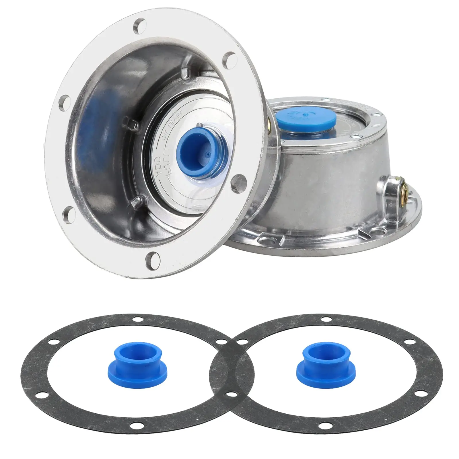 

2 pcs Aluminum Trailer Axle Hub Cap with Flange Rubber Plugs 6 Holes Oil Bath Dust Caps Replace 343-4009 921010009 M10HK124