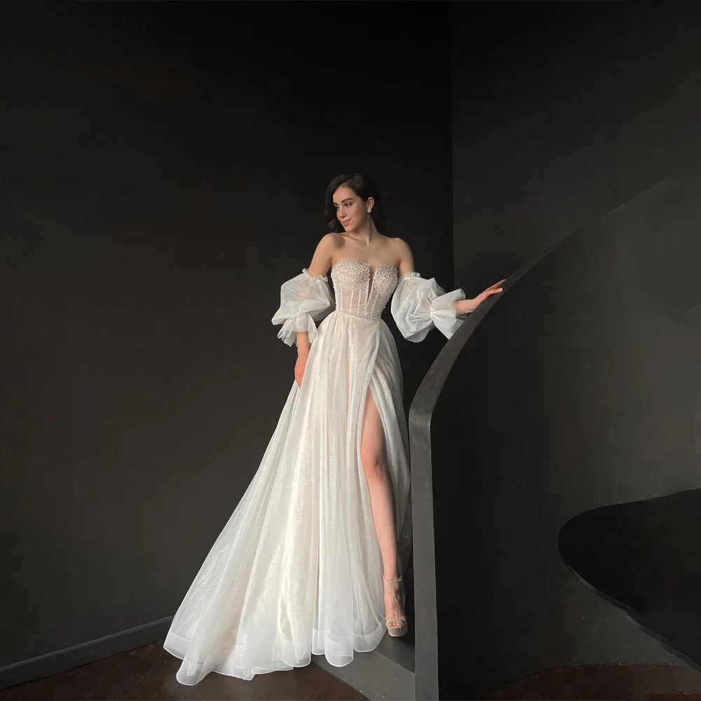 

Платье свадебное со съемными бусинами и открытыми плечами, ТРАПЕЦИЕВИДНОЕ