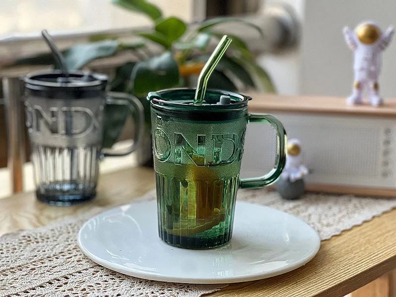 Straw With Glass Cup Coffee Cup With Handle Straw Cup Large Capacity Glass Cup With Cover 400Ml Glass Dinkware