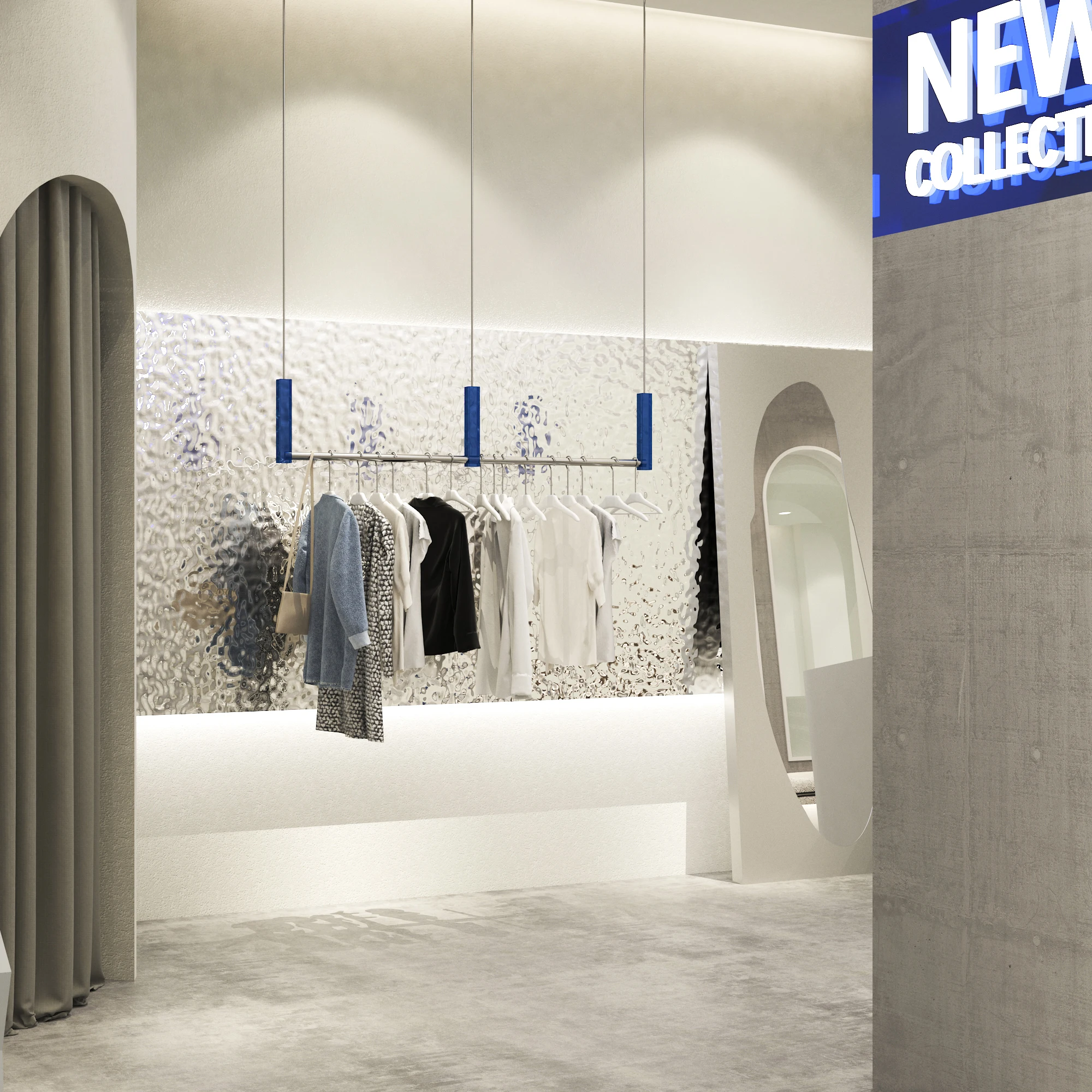 

2022 New Arrival High-end Blue Acrylic Women Clothing Store Display Dack Fashion Stainless Steel Wall Hanger Shelf Display Props