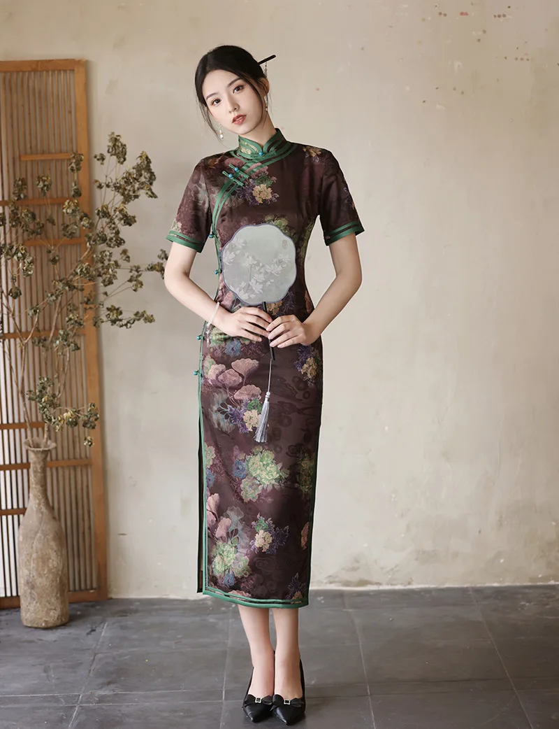 FZSLCYIYI ߱ ü  ª Ҹ Cheongsam Ʈ  ư μ ƾ Qipao ϸ ̺ 巹