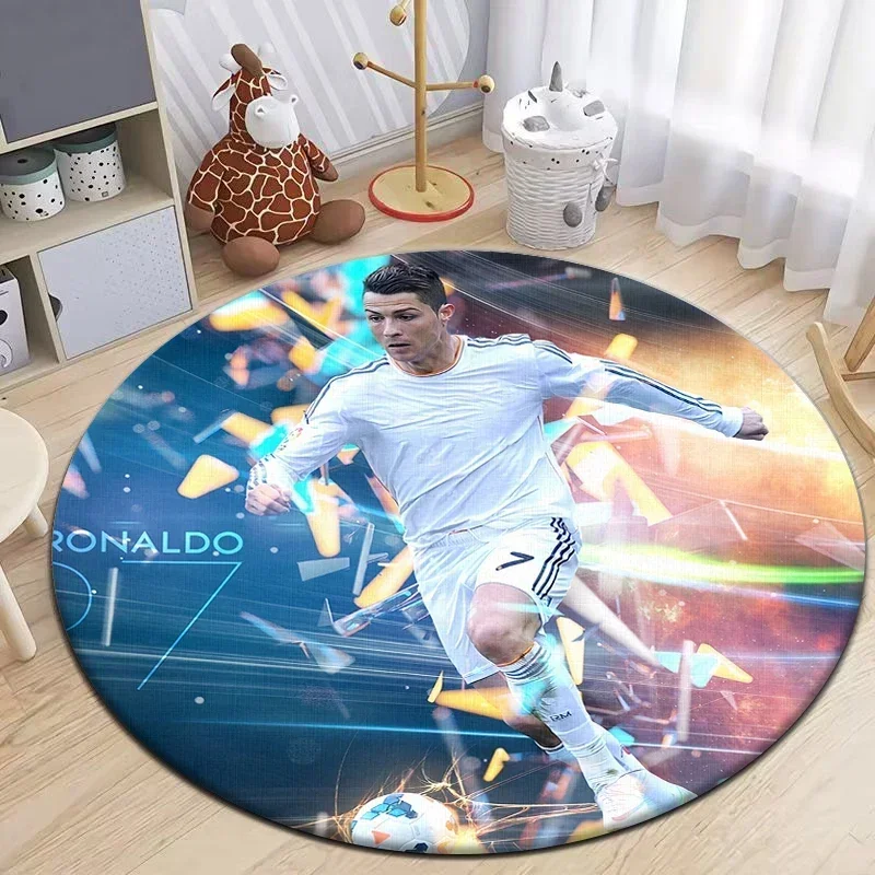 Football Star Design Round Carpet Non-Slip Flannel Rug Living Room Camping Picnic Yoga Bedroom Area