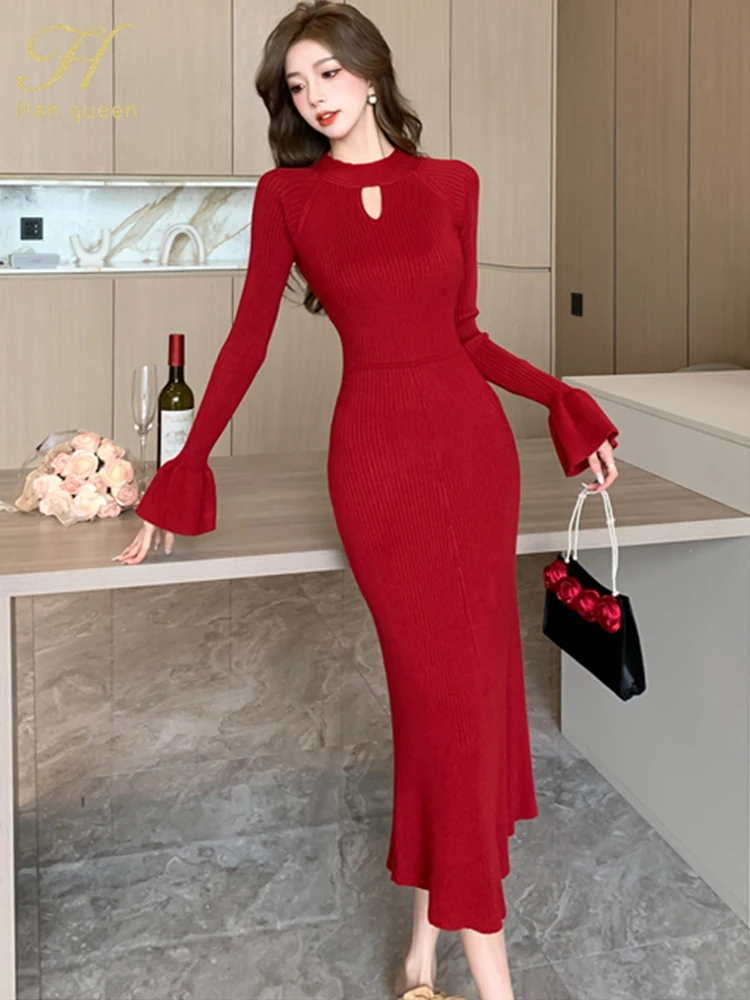 

H Han Queen Winter Dresses Womens Korean Retro Flare Sleeve knitted Vestidos Elegant Fashion Mermaids Office Party Casual Dress