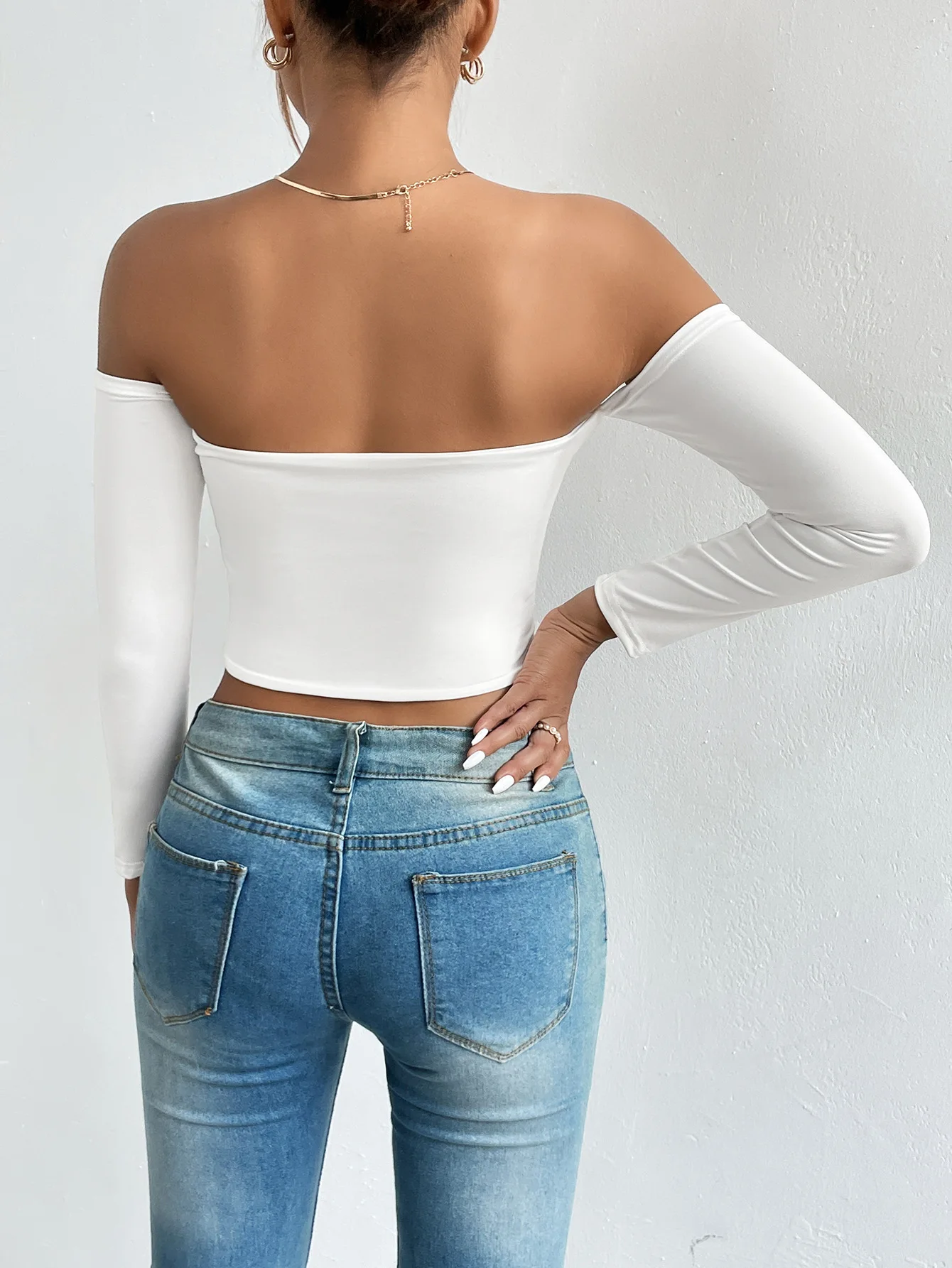 Damen Off-Shoulder Langarm Crop Top Slim Fit Tube Top Lässiges Y2K Streetwear Sexy Bodycon Bandeau Bluse Modische Partykleidung – Detail 6