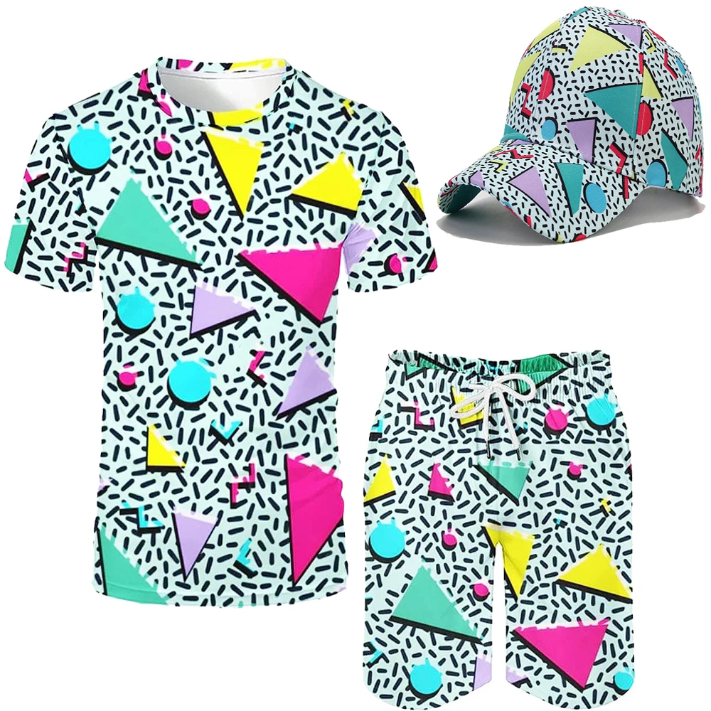 thumbnail image 1 of Conjunto de 2 piezas para hombre, camisetas disco de los años 80 y 90, camisetas hawaianas vintage de playa, pantalones cortos, chándal de verano para fiesta con temática callejera Y2k, 1 of 5