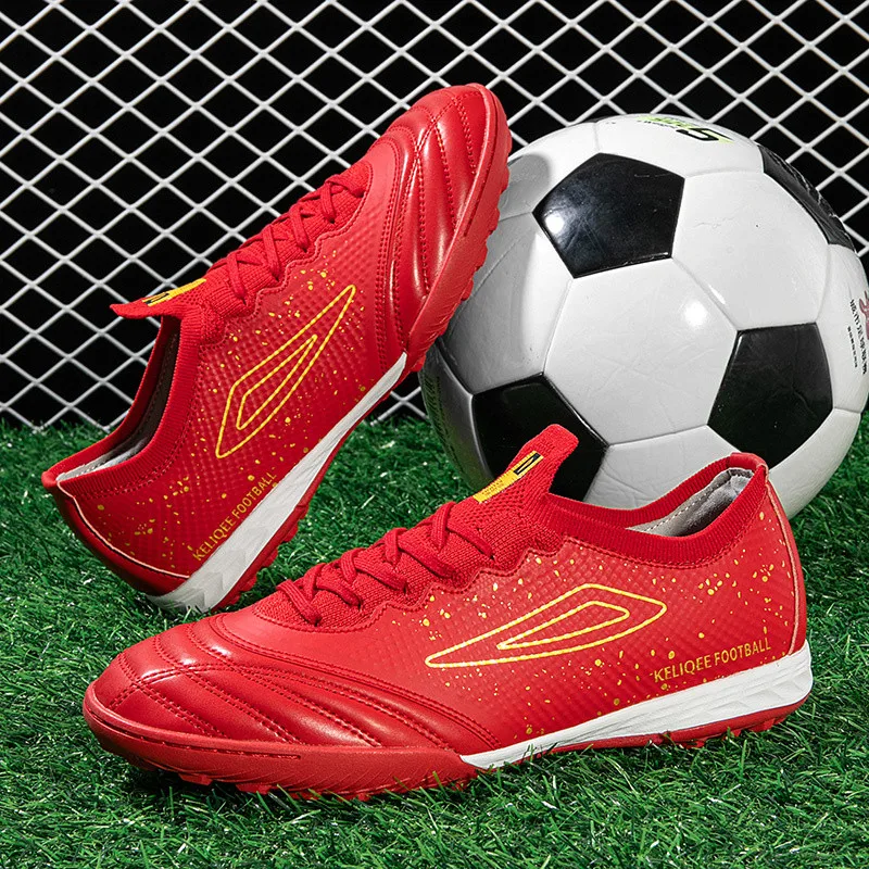 

High Quality Red Leather Men's Soccer Shoes Professional TF Futsal Footbal Sneakers For Men Comfort Indoor Football Trainers Men