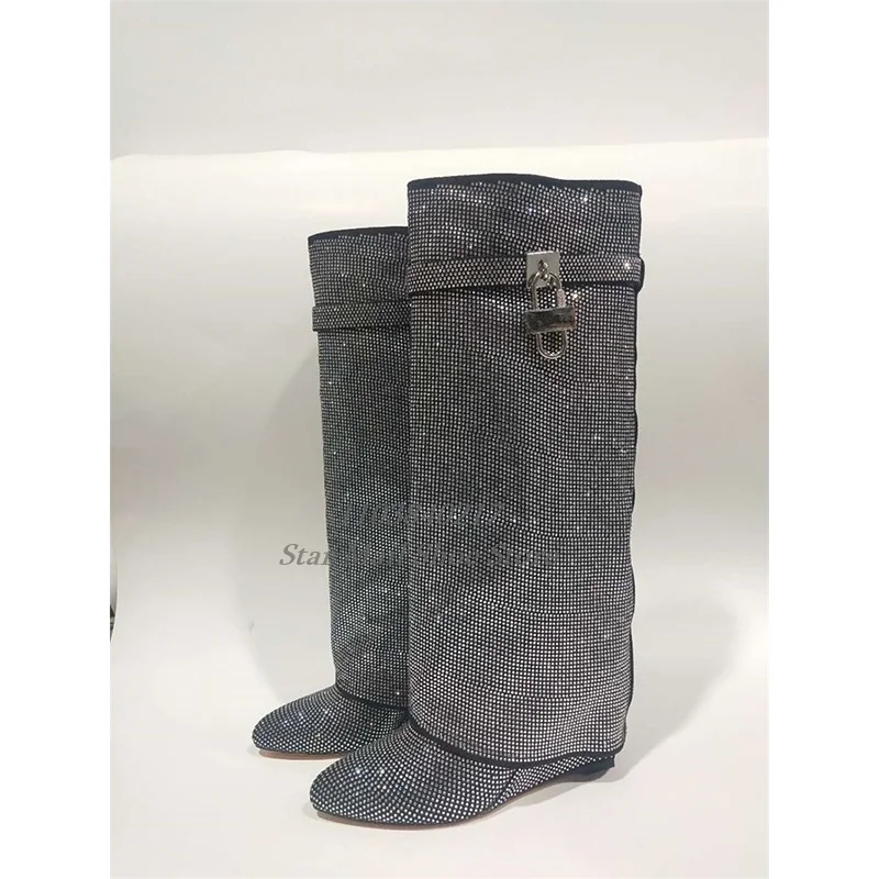 Luxury Bling Rhinestone Padlock Wedges Women Boots Pointed Toe Knee-Length Fashion Trouser Boots Colorful Party Street Catwalk