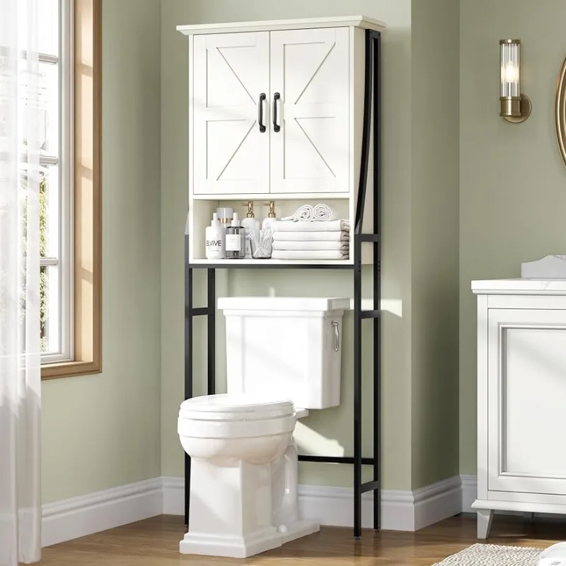 

Above Toilet Storage Cabinet with Barn Doors Behind Toilet Bathroom Organizer Over-The-Toilet Cabinet