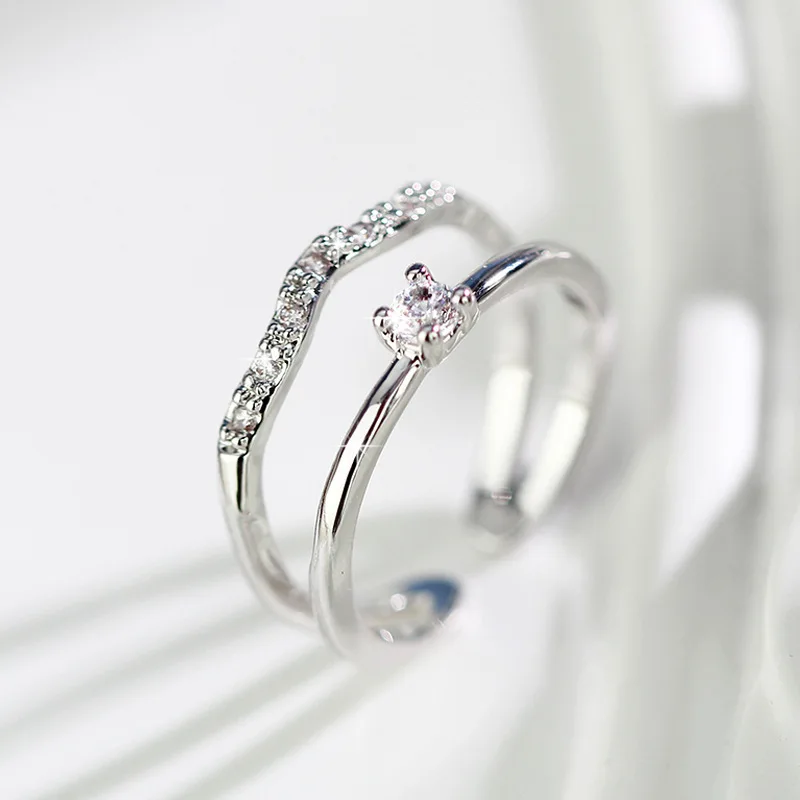 

S925 Sterling Silver Luxury 2 Layer Wave Zircon Open Ring For Women Fashion Charm Wedding Gift Jewelry