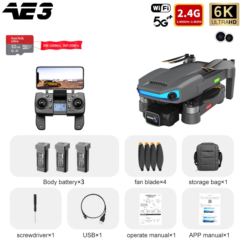 AE3 PRO Max GPS Drone 4K Dual Camera 3 Axis Gimbal Professional Aerial Radar Obstacle Avoidance 5G Wifi FPV Quadcopter Gift Toy rc helicopter with camera RC Helicopters