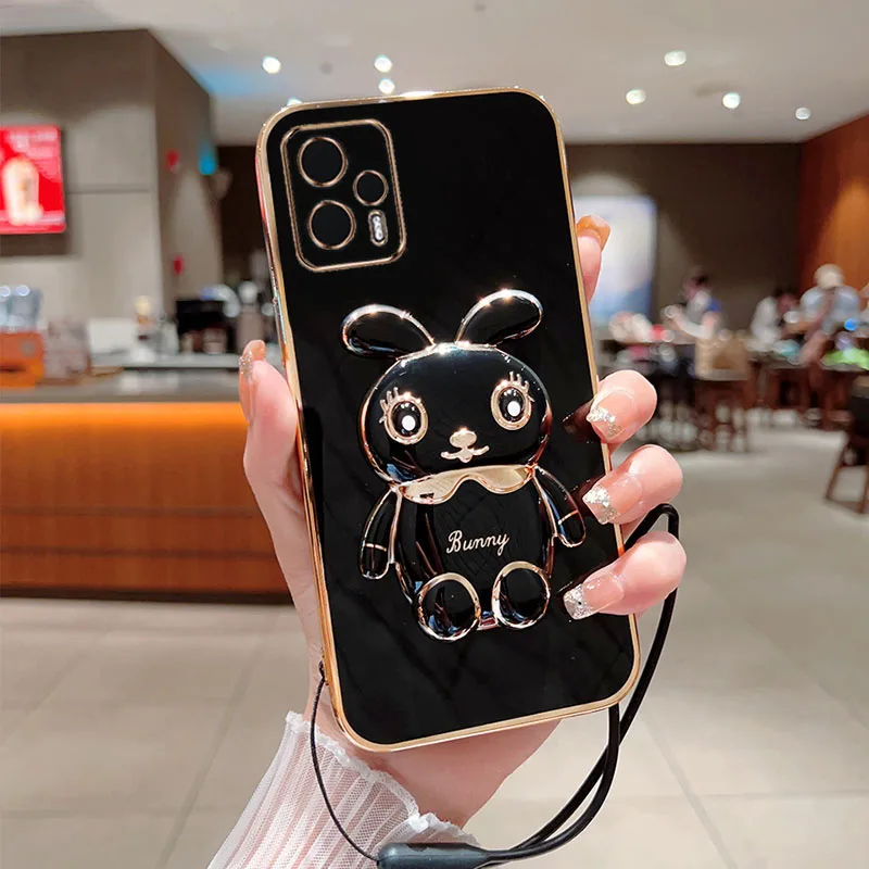 

For Xiaomi Poco F5 Phone Case Cartoon Rabbit Fold Stand With Lanyard Soft Silicone Luxury Plating Cover