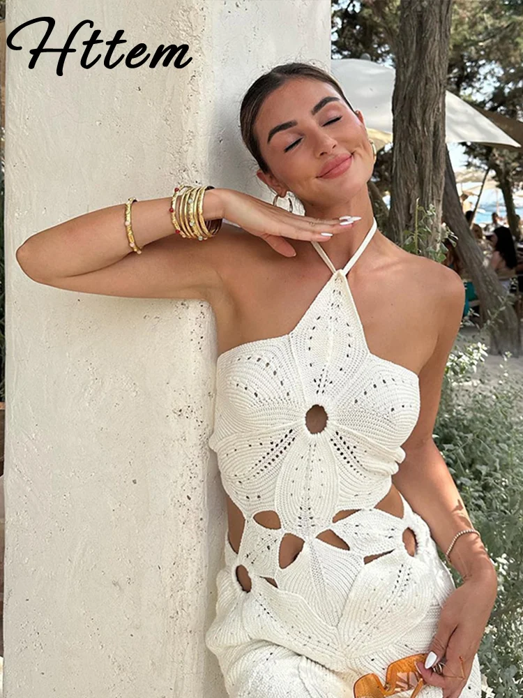 Knitted Crochet Hook Flower Halter Dress Women Slim Lace Up Off