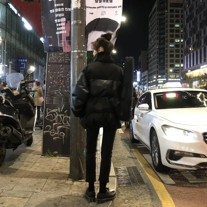 Solid Hooded Imitation Leather PU Cotton Coat Female Oversized Casual Loose Jacket Women Winter  New Zipper Clothes Harajuku