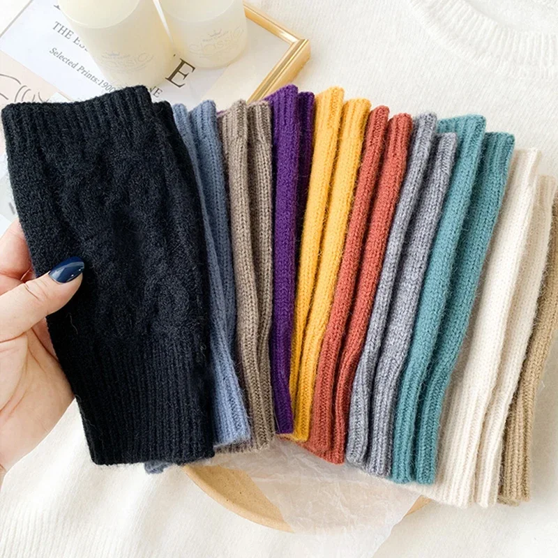 Half Finger Solid Color Gloves for Women Winter Soft Warm Wool Knitting Arm Gloves Soft Warm Half Finger Hands Unisex Mitten