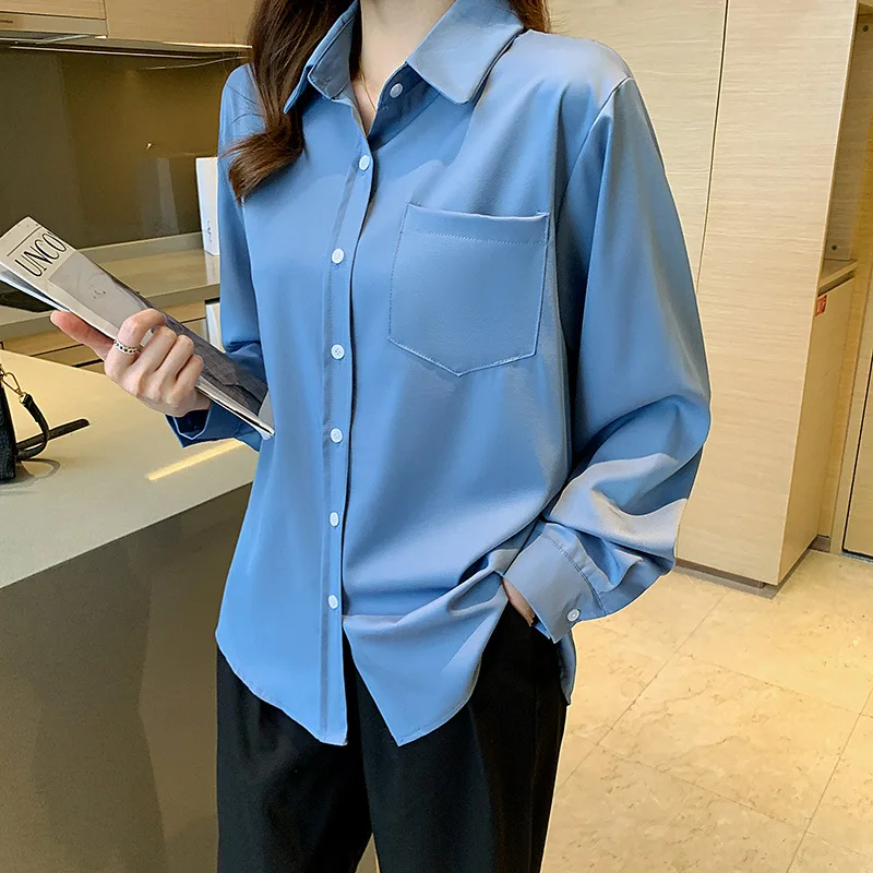 White Pocket Office Ladies Shirt Blouse Women Spring Fashion Solid Long Sleeve Shirts For Women 2024 Autumn Simple Black Top