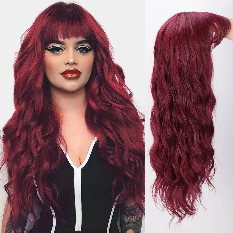 I's a wig Synthetic Wigs Water Wave Long Red Cosplay Wig with Bangs for Women Pink Brown Black Heat Resistant False Hair