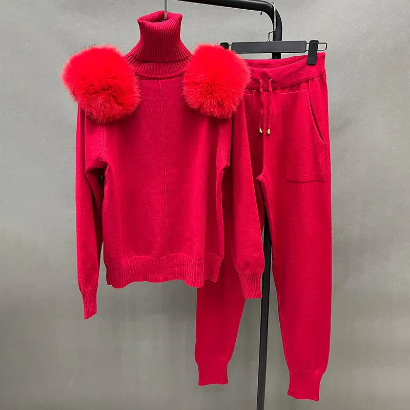 Women's Winter Knitted Sweater Pants Set Lady Fashion Sweater Fox Fur Shoulder Stand Collar Pullover 3