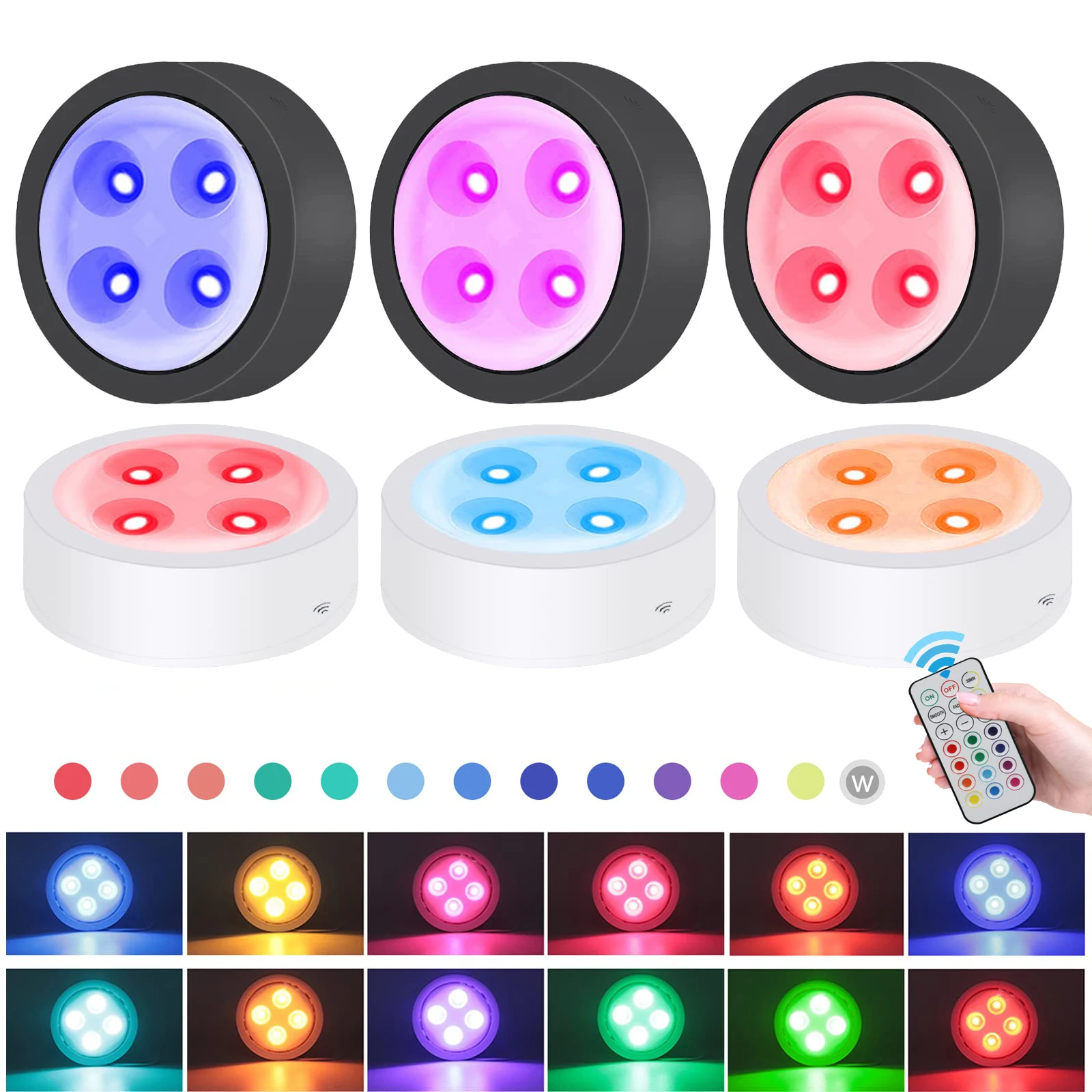 무선 언더 캐비닛 LED 조명, RGB 색상 변경 퍽 야간 조명, 리모컨 옷장 램프 배터리, 1-5 개
