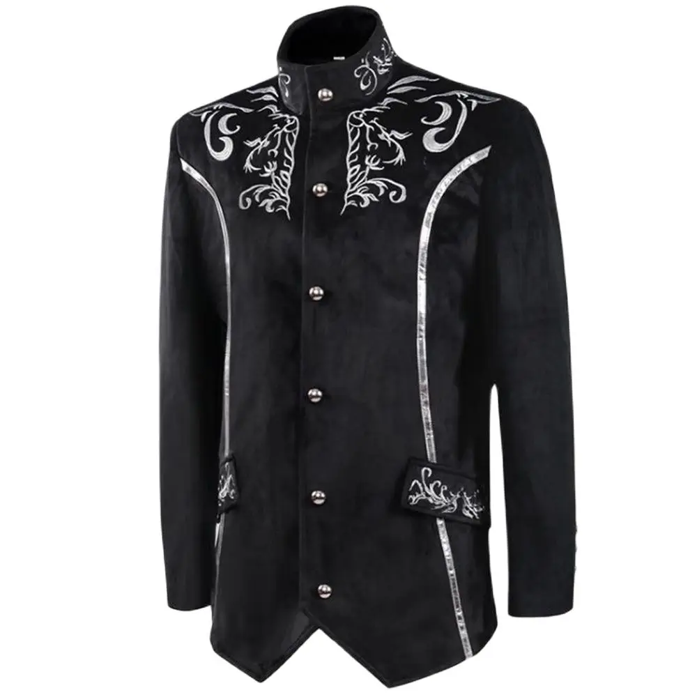 

Black Men Retro Vintage Gothic Military Blazer Overcoat Victorian Coat Performance Costume Outerwear Steampunk Jacket Embroidery