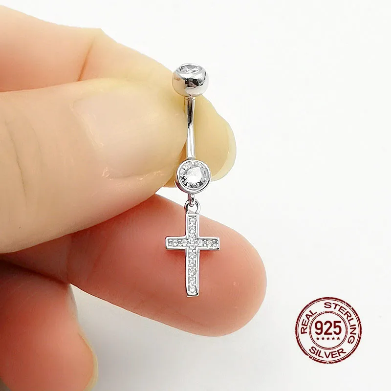 Zircon Cross Pendant Belly Button Ring 925 Sterling Silver Navel