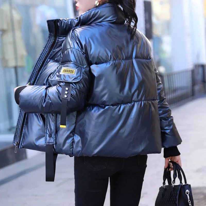 Women Autumn Winter Cotton Trend Casual Solid Color Coats Short Bright Face 2021 New Warm Jackets Thick Long Sleeve Overcoats