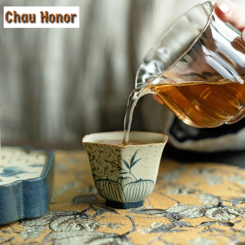 45ml Blue And White Flint Red Teacup Handmade Gold Drawing Bamboo Tea Bowl Hexagonal Sample Tea Cup Personal Master Cup Teaset