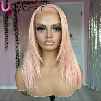 Light Pink Layered Cut Wig Short Straight Synthetic Lace Front Wig for Women 13x4 Frontal Lace Natural Hairline Daily Wear Wigs