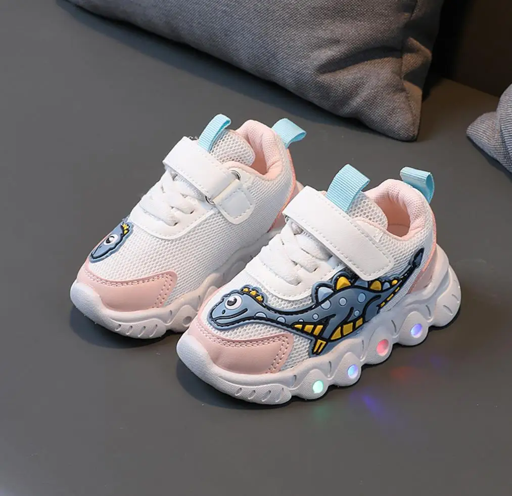 Toddler Baby Led Light Shoes Design Boys Girls Dinosaur Mesh Breathable Stretch Sport Running Sneakers Infant Walking Shoes