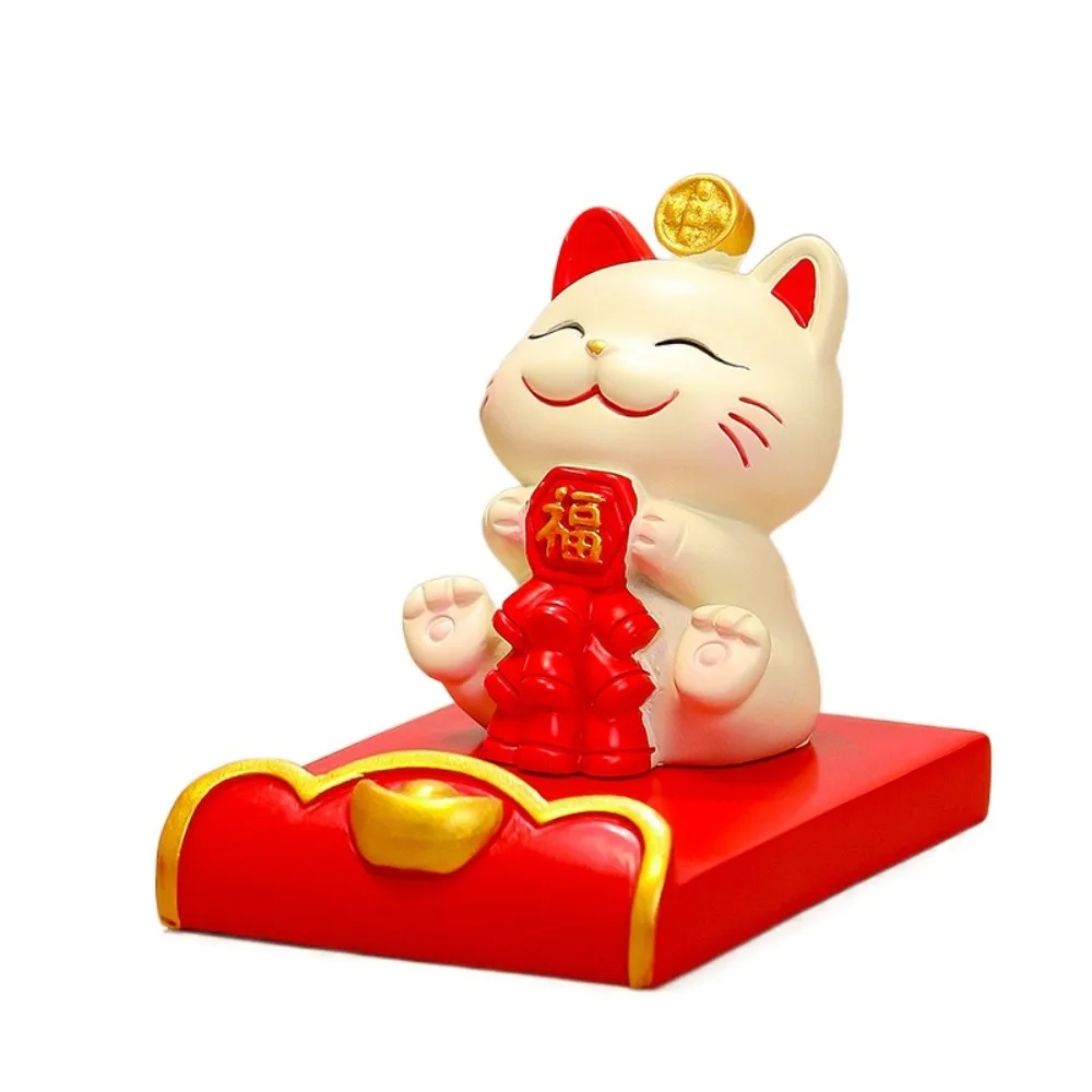 【Stylish】 Figurine Miniature Items Lucky Cat Phone Holder Resin Crafts Exquisite Animal Mobile Phone Stand Realistic Chinese Style.